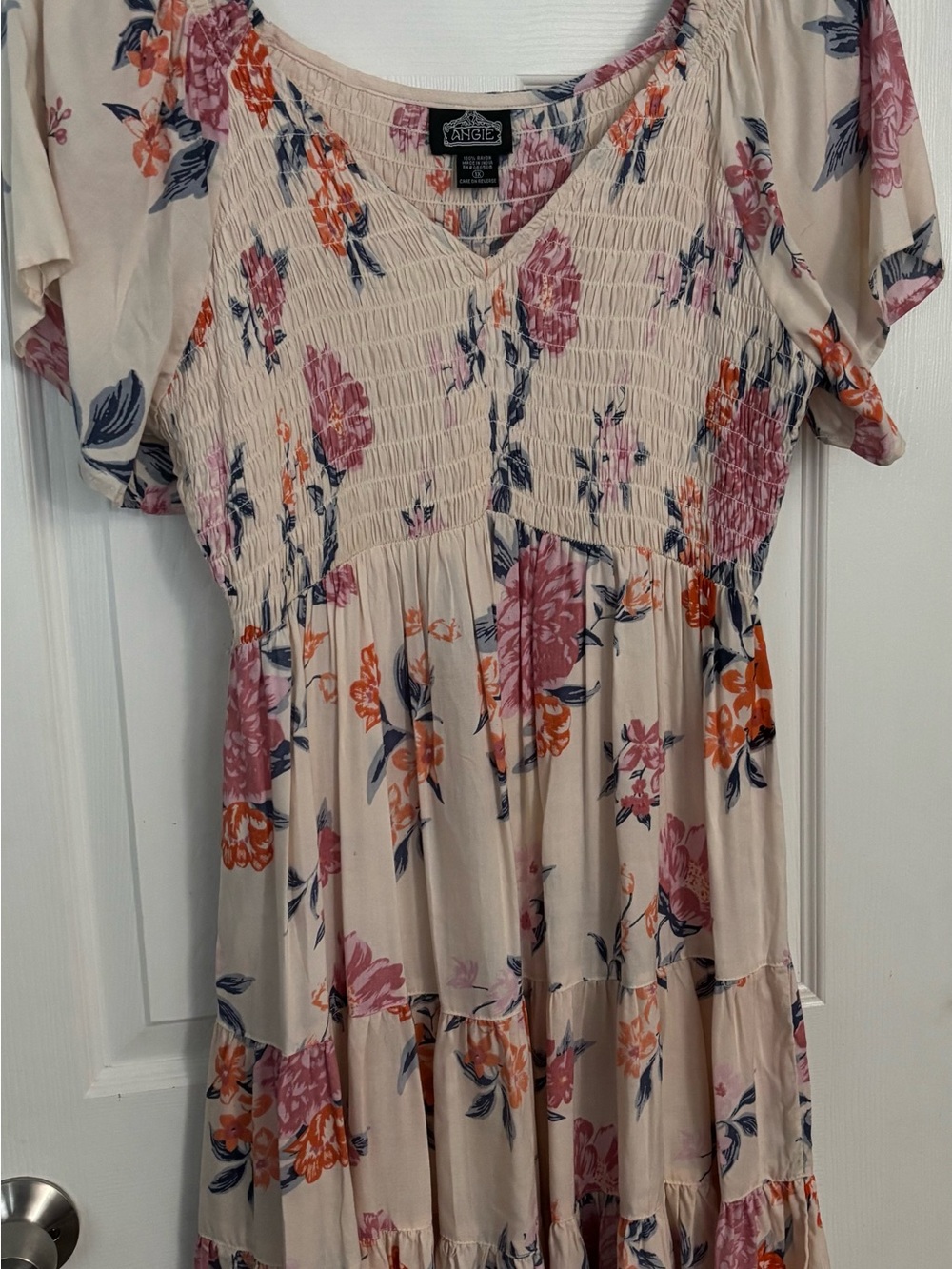 Angie Cream Floral Smocked V-Neck Tiered Tunic
